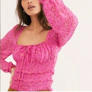 Free People Pink Floral Puff Sleeved Blouse Small